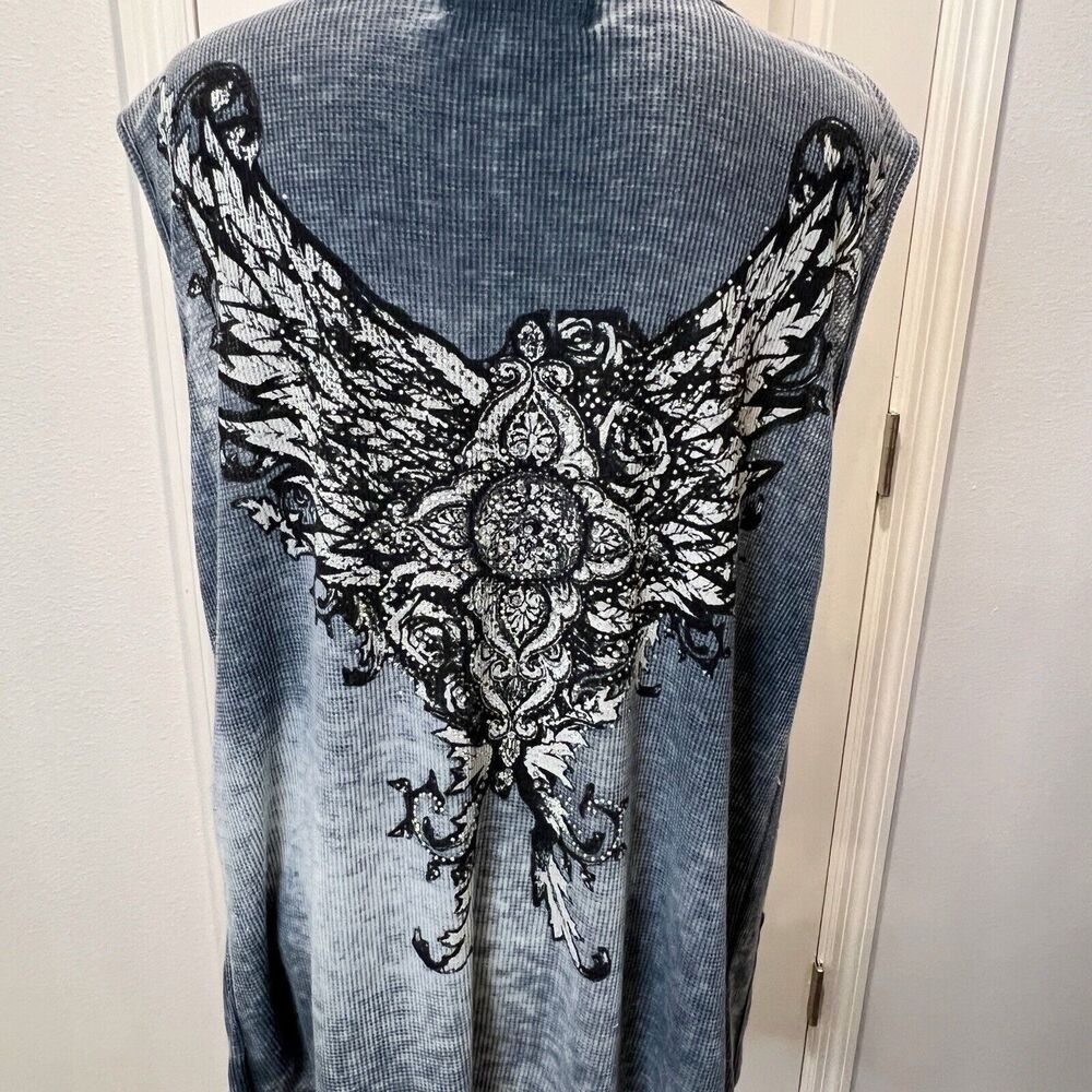 Back In The Saddle Cardigan Rhinestone Wings Hooded Sleeveless Gray Pockets L - Picture 6 of 16